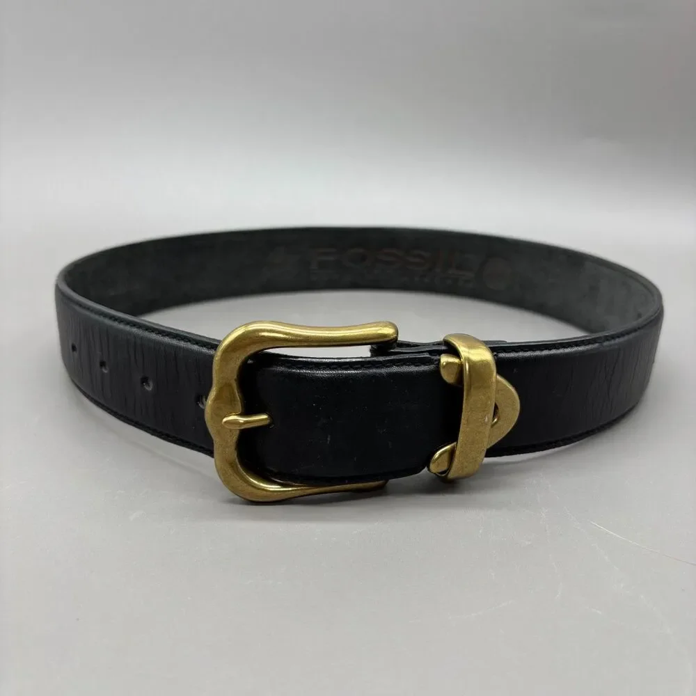 Vintage Fossil Y2K Black Full Grain Leather Belt Solid Brass Buckle Wmns Small